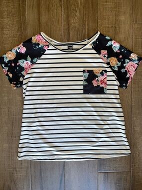 SHEIN Black & White Striped Tee with Floral Raglan Sleeves- NWOT!